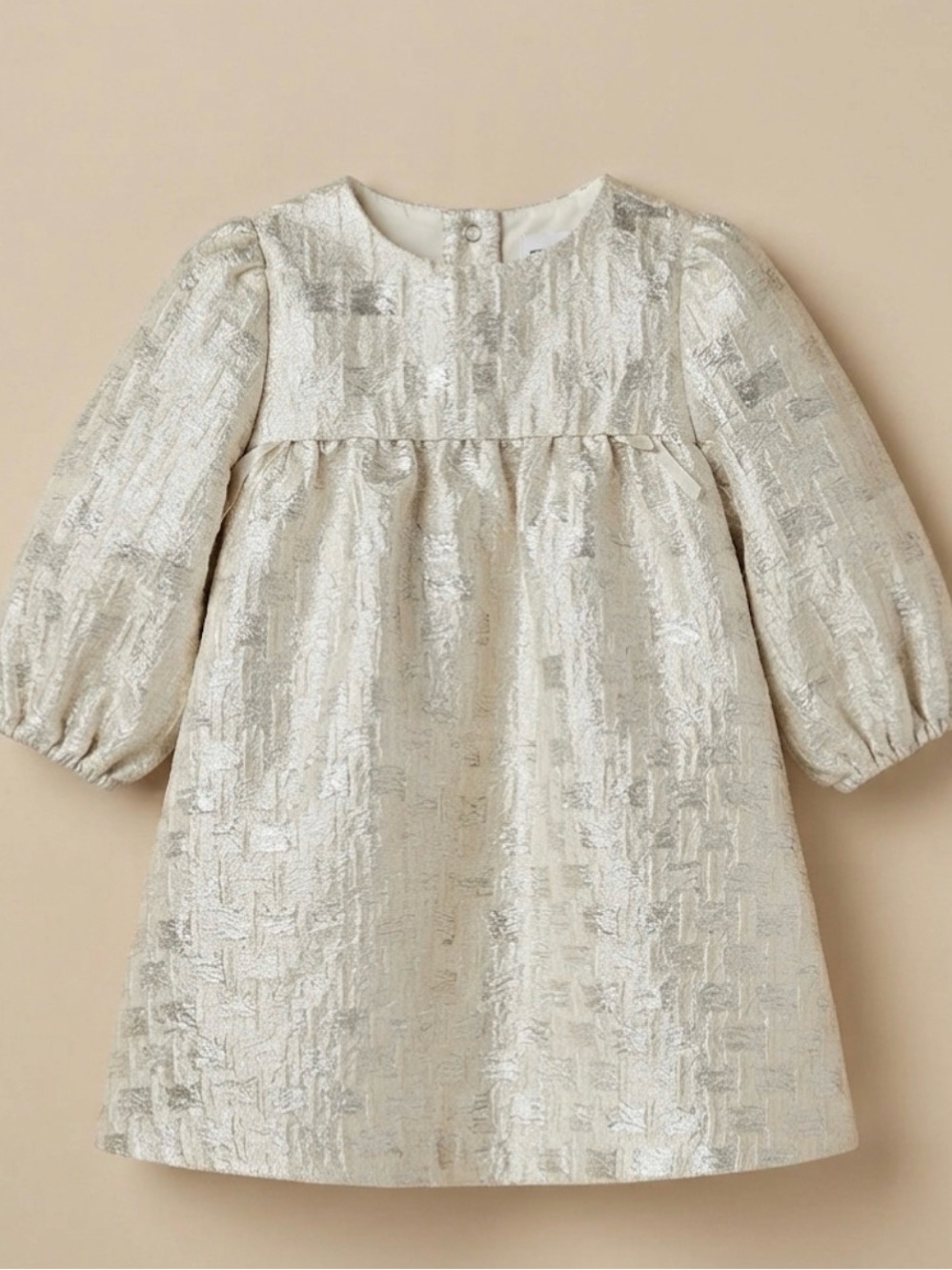 NEW ZARA Girls Silver Metallic Textured Puff Sleeve Dress - Size 6 Years NWOT